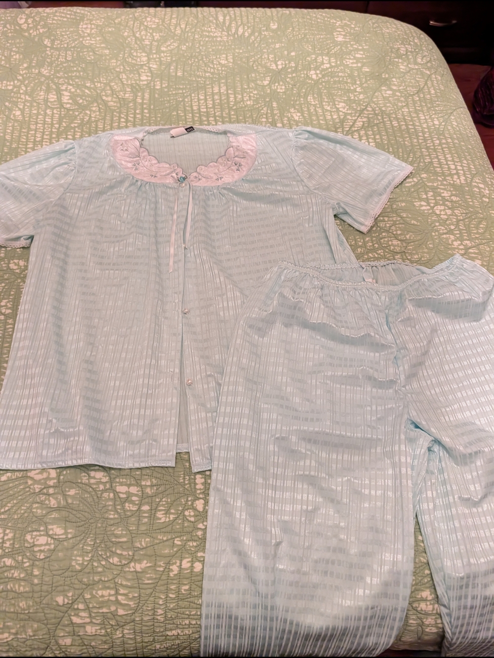 Light Blue Short Sleeve Pajama Set with Lace Collar